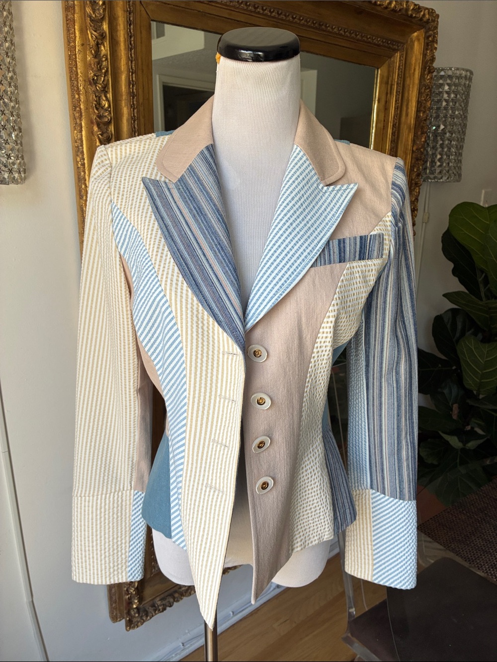St. John Sport by Marie Gray Patchwork Striped Blazer in Blue and Cream size P